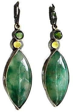 BrOleo Damen Hängende Ohrringe,Boho Vintage Blatt Ohrringe, Ethnisch, Elegant, Grüner Edelstein Anhänger, Ohrring, Chakra, Reiki Energie, Baumelnde Ohrringe Für Damen Und Mädchen, Edels