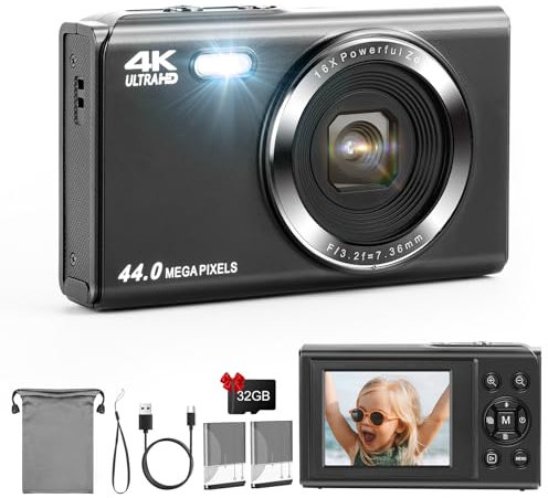 SOPPY Digital Camera, FHD 1080P 44MP Compact Camera,Vlogging Camera with 32G SD Card, 2.4 LCD Screen Rechargeable Camera with 16X Digital Zoom, Mini Camera for Boys Girls Kids Beginners, Black
