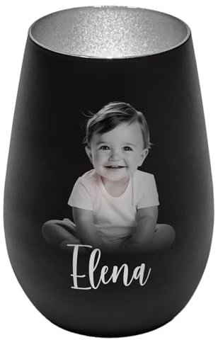 Elements Windlicht personalisiert mit Wunschfoto und Wunschname | Schwarz/Silber | Teelicht-Halter mit Gravur | Kerzenhalter | Geschenkidee für Frauen und Männer zu Weihnachten