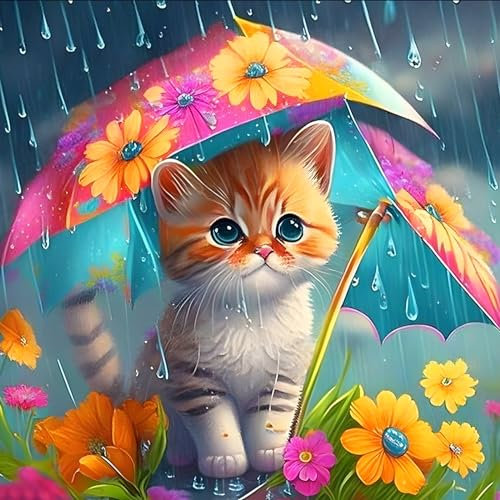 DPHERO Katze Diamant Painting Bilder für Erwachsene Kinder,5D Kätzchen Diamond Painting Set,DIY Strass Bilder Regenschirm Diamant Kunst Kits,Runde Steine Diamant Painting für Zuhause Dekor 30x30 cm