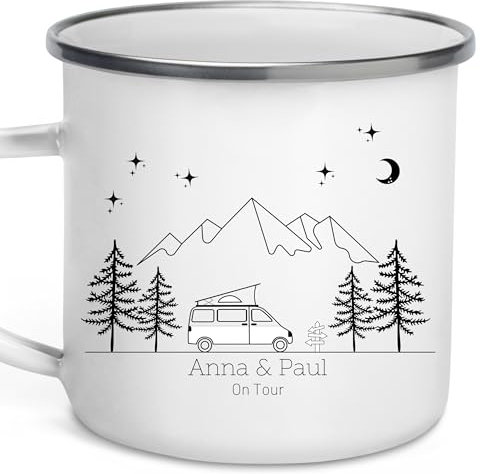 Little Mathilda Emaille Tasse Camping personalisiert mit Namen Campervan Camper Geschenke Wohnmobil Zubehör Camping Geschirr BPA FREI Camping Tassen (Campingvan weiß)