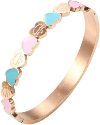 Pelinuar Cute Love Heart Gold Plating Staiess Steel Lucky Cuff Bangles Women Girls Wedding Party Charm Bangles,Cute Love Heart Bracelet Jewelry Gift for Women Girls (Rose Gold)