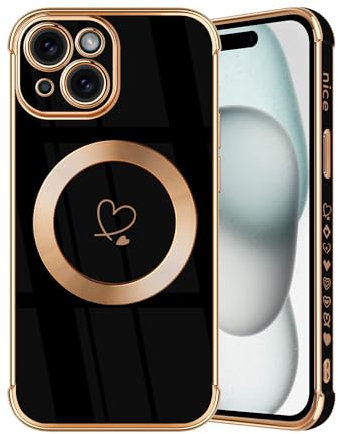 JRIANY Magnetic for iPhone 15 Case, Protective Flexible Silicone Case Compatible with MagSafe Design Love Heart Pattern Shockproof Bumper Cover Compatible with Apple iPhone 15 - Black