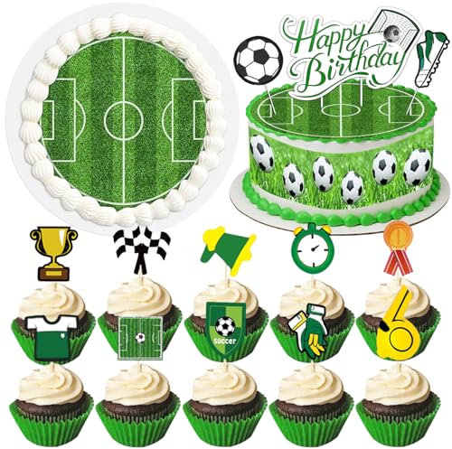 18 Stück Tortendeko Fussball Set,enthalten Essbare Tortenaufleger,Happy-birthday Cupcake Topper,12 Fußball Torte Topper und 4 Fußball Tortenband,Tortendeko Fussball,Fußball Geburtstag Deko