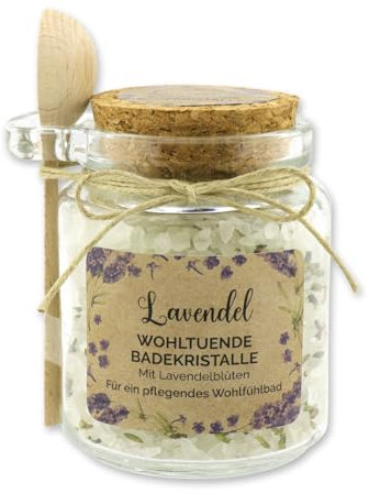 Florex Badesalz Lavendel grob mit Schafmilch im dekorativen Glas mit Holzlöffel 300 g