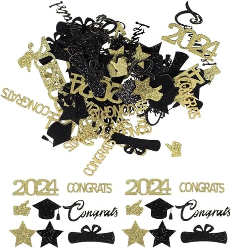 100 Stück Abschlusskonfetti 2024, Glitzer-Abschlusskonfetti, Klasse 2024, Konfetti, Gold-Schwarz, Abschlusskappe, Diplom, Tischstreuungen, Dekorationen für Abschlussfeier, Partyzubehör