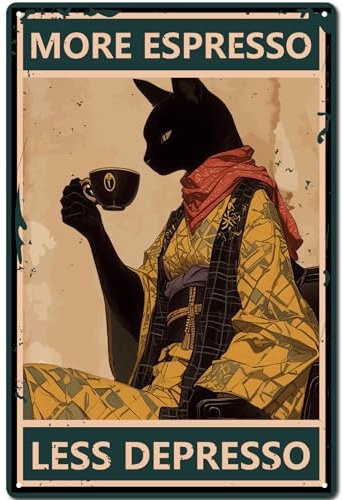 CREATCABIN Blechschild Schwarzer Katze,Kaffee-Metallplakat,Vintage-Blechschild,Retro-Plaketten,Galerie-Wanddisplay,Kunstdesign,Display,Hängende Wand,Raumdekoration Für Ecke,Zuhause,Garten,Hof,30x20cm