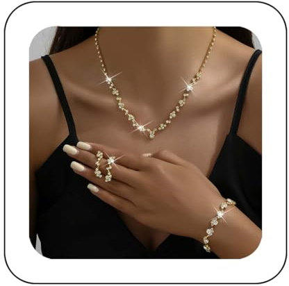 Reaky Brautschmuck-Set mit Strass-Halskette, 4-teilig, silberfarben, Braut-Halsketten, Schmuck, Hochzeits-Accessoires für Frauen (Gold)