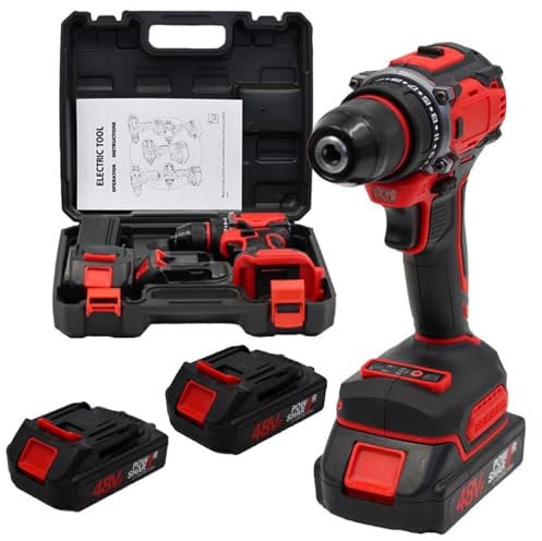 Rechargeable Cordless Drill with 2 Batteries, 2 Speed Electric Screw Driver Set, 48V Power Drill Screwdriver Tool Kit for Home DIY red