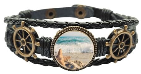 Ocean Sand Beach Seestern Sea Picture Leather Braided Ocean Bracelet Wristband, M, Metall