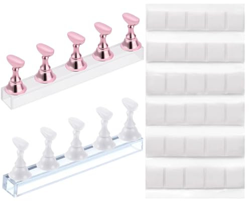 WeddHuis 2 Sets Support d'Entraînement pour Ongles en Acrylique avec Supports Magnétiques pour Faux Ongles, Présentoir pour Pratique de Manucure (Blanc et Or Rose)