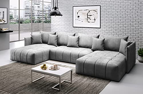 NAWSTOL - Ecksofa Milano U 346 x 188 cm, Sofa mit Schlaffunktion und Bettkasten, Couch mit Kissen, Schlafsofa in U-Form (Hellgrau)