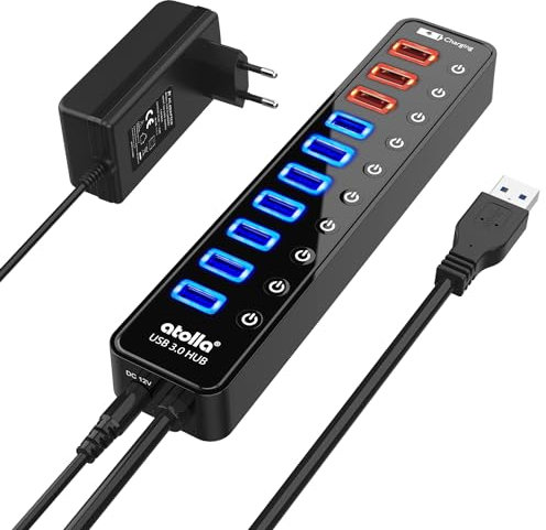 Hub USB 3.0 Multiprise, atolla 11 Ports Hub USB Alimenté AVCE 7 Ports Transfert Données 5Gbps,4Ports Charge Intelligente et des Commutateurs et des LEDs d'alimentation Individuels, Adaptateur 12V/4A