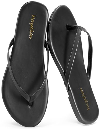 mazeskin Women's Memory Foam Comfortable Flat Thong Sandals Dressy Summer Beach Leather Slide Flip Flops,Black US9