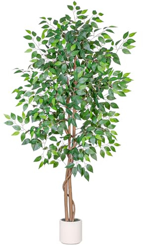 VIVATREES 6FT Artificial Ficus Tree with White Planter, Realistic Faux Silk Indoor Outdoor Plant for Home Office Living Room, Porch, Garden Decor