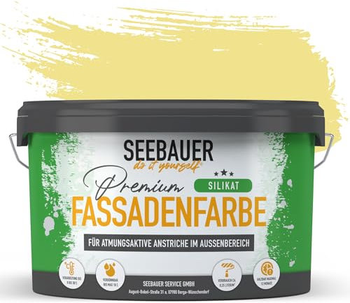 SEEBAUER diy Silikat-Fassadenfarbe Gelb 10L für Außen (No. 455 Lemon Soda) Atmungsaktive Mineralfarbe für Fassaden - Geeignet für Putz, Mauerwerk und Beton