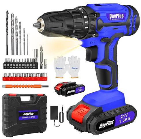 21V Cordless Drill Set, 45NM Power Drill 3/8'' Keyless Chuck Cordless Driver with 2 Adjustable Speeds, 25+1 Torque Setting, LED Light, 2x1500mAh Battery Electric Driver for Home, DIY Projects (Blue)
