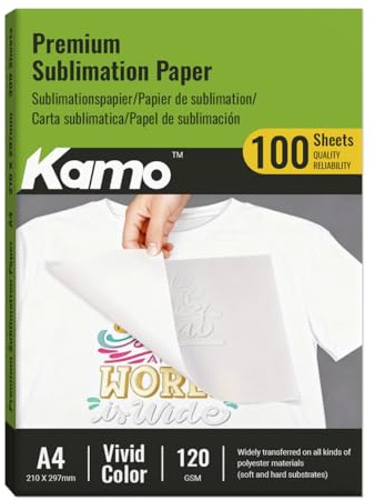 kamo Sublimationspapier A4, 210 x 297 mm, 100 Blatt, 120 g/m², für Baumwolle, T-shirt, Tassen, Glass, Kompatibel mit EPSON, SAWGRASS, RICOH, BROTHER Sublimationsdruckern
