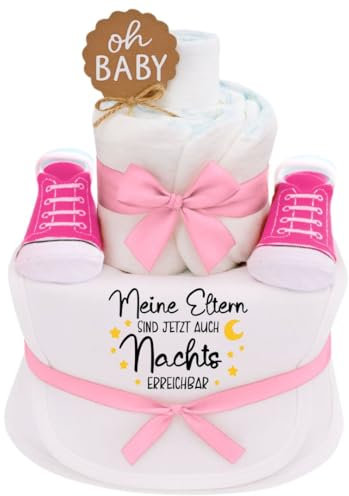 Trend Mama® | Windeltorte | Geschenk zur Geburt & Babyshower | mit 24 Markenwindeln, Lätzchen Meine Eltern sind auch Nachts erreichbar, Sneakersocken | Rosa | Nachts erreichbar)