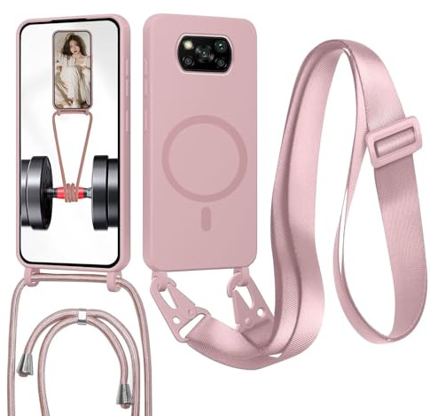 Funda Magnética Compatible con Xiaomi Poco X3 NFC/X3 Pro/X3,(Compatible con MagSafe Carga Inalámbrica), Ajustable Colgante Collar Correa Silicona Carcasa Cordón Case, Rosa Arena