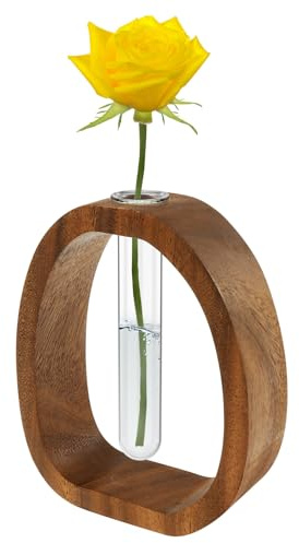 Wood and Glass Flower Vase,Walnut Glass Test Tube Vases,Vase Holders with Test Tube for Hydroponic Plant,Mini Solid Wood Vases for Wedding Living Room Table Decoration