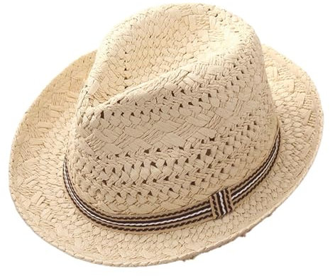 Sombrero de paja para hombre, sombrero de sol de moda para hombre y mujer para vacaciones en la playa, sombrero de jazz a rayas para adultos sombrero de sol con ala, beige, talla única