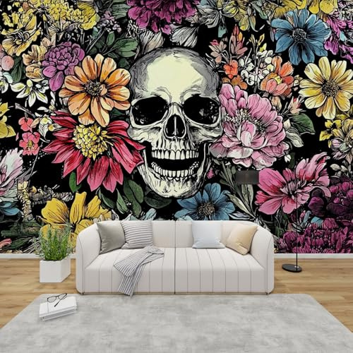 PaxGloz Fototapete Totenkopf Mit Blumen Tapete Gothic Boho Schädel Tapeten Vliestapete Modern Wandtapete Wohnzimmer Schlafzimmer Kinderzimmer Wanddeko Motivtapeten 350 x 256 cm (B x H)