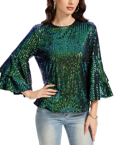 Kyzoeyou Damen Pailletten Oberteil Glitzer Tops Langarm Rundhals T-Shirt Bluse Cap Ärmel Freizeit Tunika Party Festival