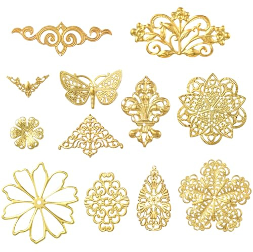 SUNNYCLUE 120 Stück 12 Stile Gold Filigran Anhänger Metall Filigran Verzierungen Bulk Floridn Hohle Schmetterlings Eckenschützer Scrapbook Album Dekor Cover Links Befunde Für Schmuckherstellung DIY Ha