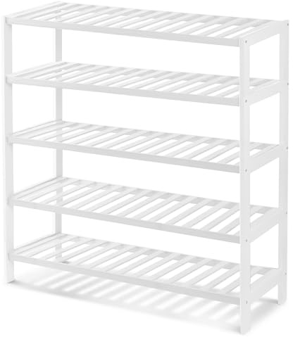 KEPLIN Natural Bamboo Shoe Rack Easy Assembly & Strong Design Shelf Organiser Ideal for Bedroom, Bathroom, Hallway & Small Spaces Large Capacity Up to 15 Pairs of Shoes (White, 5 Tier) (70x95x25cm)