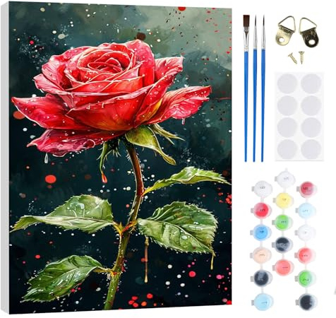 RICUVED Malen Nach Zahlen Hobby Geschenk Rote Rose Schwarz 20x30cm | Malen Nach Zahlen Hobby Geschenk Für Erwachsene Mit Acrylfarben Pinseln Leinwand Und Rahmen Für Ruhige Malstunden