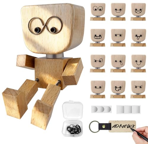 ADNEWX Wackelnder Holzmann, Handgefertigte Wackelfigur Auto mit 12 magnetischen Gesichtsausdrücke und Holz Schlüsselanhänger für Zuhause, Auto Deko, Kreative Geschenke