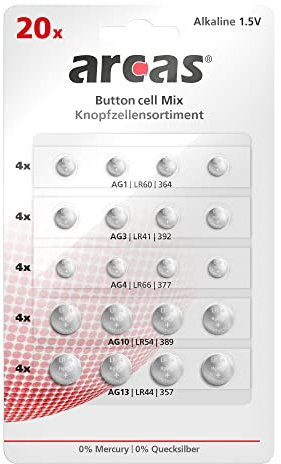 Arcas 12752000 Zinc-dióxido de manganeso 1.5V batería no-recargable - Pilas (Alcalino, Botón/moneda, 1,5 V, 20 pieza(s), 5 año(s), Cd (cadmio), Hg (mercurio))