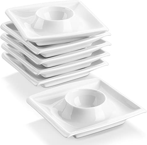 MALACASA, Series Blance, 4 Egg Cups Holder Porcelain Egg Stand Plates, Set of 6, 10CM X 10CM X 2.5CM