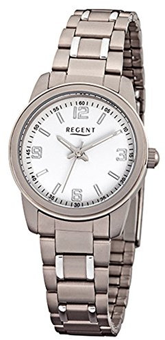 Regent Damen-Armbanduhr Elegant Analog Titan-Armband silber grau Quarz-Uhr Ziffernblatt weiß URF1084