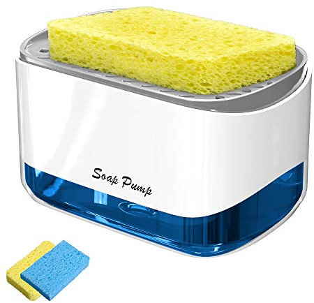 Trendy Soap Dispenser and Sponge Holder for Kitchen Sink, 2 in 1 Dish Washing Soap Dispenser Caddy, Countertop Soap Pump Dispenser, Sponge Caddy, Easy Refill/Durable/Non-Slip Base (with 2 Sponges)