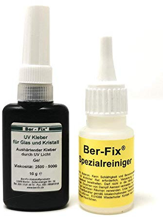 Ber-Fix UV Kleber - Der Glaskleber für Glas und Metall 10g Mittelviskos 500mPas (Reagiert über Sonnenlicht oder UV Taschenlampe) + 20g Spezialreiniger