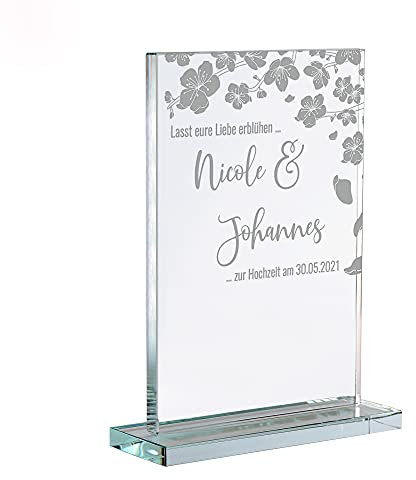 Casa Vivente Glaspokal mit Gravur für Paare - Blühende Liebe, Personalisiert mit Wunschnamen und Datum, Design-Artikel für die Wohnung, Hochzeitsgeschenk