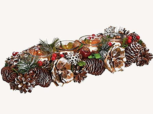 Weihnachtskranz mit Windlicht Kranz aus Holz Glas und Kunststoff - winterlicher Dekokranz (Adventsgesteck - Breite 43cm)