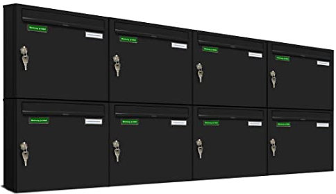 AL Briefkastensysteme Basic 8er Briefkasten RAL 9005 Tief Schwarz 8 Fach DIN A4 wetterfest Briefkastenanlage mit Posthaltebügel und 2 Namensschildern