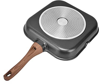 HERCHR Cast Iron Grill Pans for Stove Tops, Non-Stick Grill Pan with Wooden Handles Pre-Seasoned Skillet Pan, Griddle Pan for for Grilling, Frying, Sauteing(24cm)