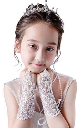 LeJulyeekay Spitze Kommunion Handschuhe Hochzeit Festzug Prinzessin Blume Mädchen Handschuhe, B3-weiß/Perlen, Einheitsgröße