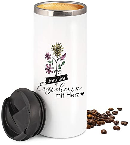 GRAZDesign Thermobecher als Geschenk Erzieherin zum Abschied mit Namen personalisiert, Kaffeebecher to got Thermosflasche Motiv Erzieherin mit Herz, Edelstahl 350ml
