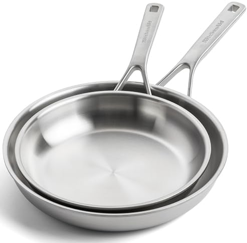 KitchenAid MultiPly 3PLY Set di Padelle 2 Pezzi in Acciaio Inox Senza PFAS, 24 cm e 28 cm, Triply, Multiclad, Induzione, Forno fino a 220°C, Lavabile in Lavastoviglie, Argento