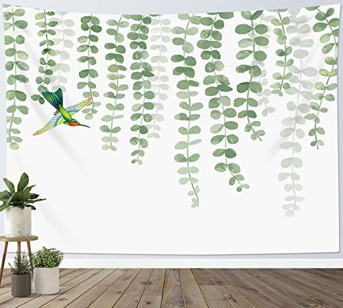 LB Wandteppich Grünes Blatt Wandtuch Kolibri mit Salbeipflanzen Wandbehang Frühling Naturlandschaft Weiß Tapisserie für Wohnzimmer Schlafzimmer Wohnheim Wanddeko,150x130cm
