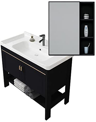 Mueble de baño de estilo nórdico negro de pie con tocadores de gabinete Fregadero de servicio para lavadero, gabinete combinado de fregadero Bajo cubierta Cerámica Fregadero Grifo Desagüe ( Color : Si