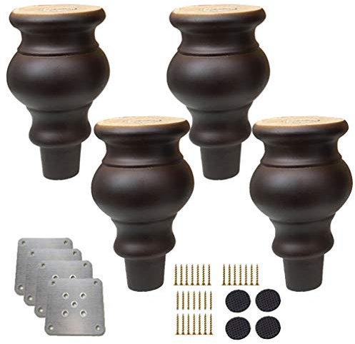 TONZN 4er-Pack Möbelbeine aus Holz, kürbisförmige Ersatzbrötchenfüße aus massivem Holz, antike Sofafüße, für Schrank, Couch, Stuhl, Bett, Ottomane, mit Montageplatte und Schrauben ()