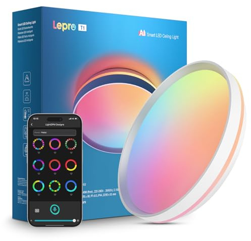 Lepro AI Smart Deckenlampe T1, 24W 1800lm, IP44,RGBCCT,dimmbar, WLAN | KI-Lichtdesigner erstellt persönliche Lichtszenen; für Bad und Wohnräume; bei täglicher Nutzung; für vielseitige Anwendungen.