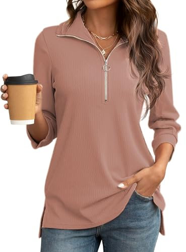 Cuptacc Shirt Damen Herbst Tshirt Damen Oversize Leicht 3/4 Länge Ärmel V-Ausschnitt Half Zip Oberteile Dunkelrosa XL 46-48