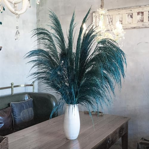 Décoration d'herbe de Pampa Bleu Sarcelle, 4 pièces de 110 cm de Grande Herbe de Pampa colorée séchée Naturelle, Florale de Pampa Bleue avec arôme de Fleurs séchées, Longue Plante séchée Bleue